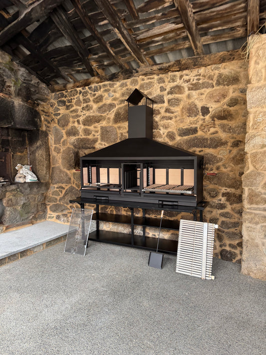 Barbacoa Metálica con Doble Sistema de Elevación + Carro con Ruedas